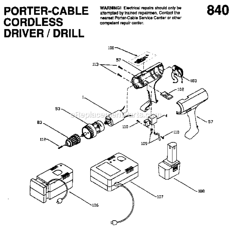Porter Cable 9840 (Type 1) 9.6v 3/8 Cdls Drill Power Tool Page A Diagram